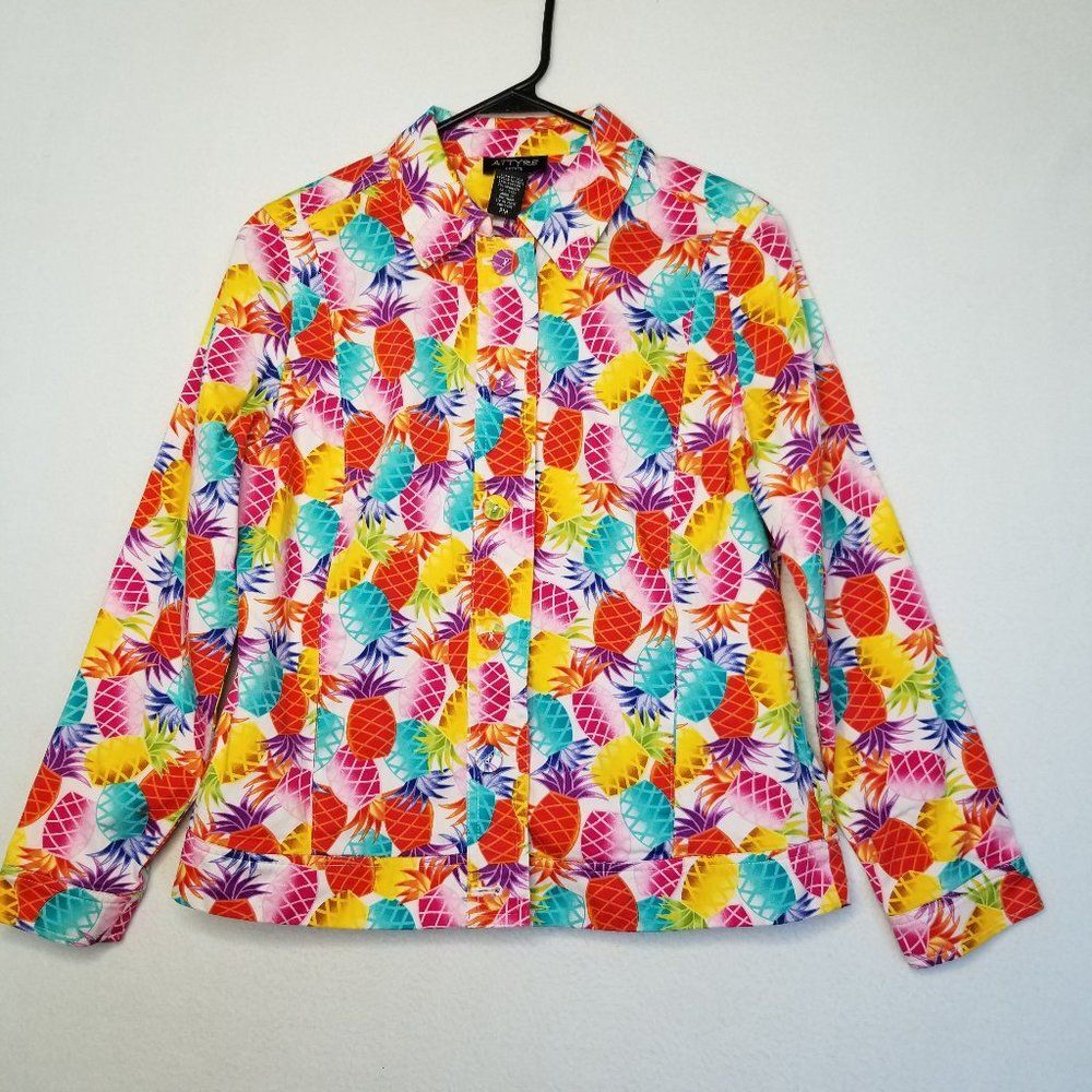 Attyre NY Pineapple Jacket Hawaiian Rainbow Cotton Blend Stretch PM